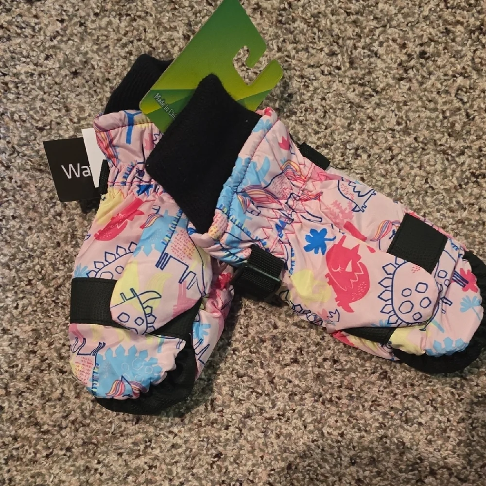 Kids Waterproof Mittens - Pink Multicolor Dinosaur Print